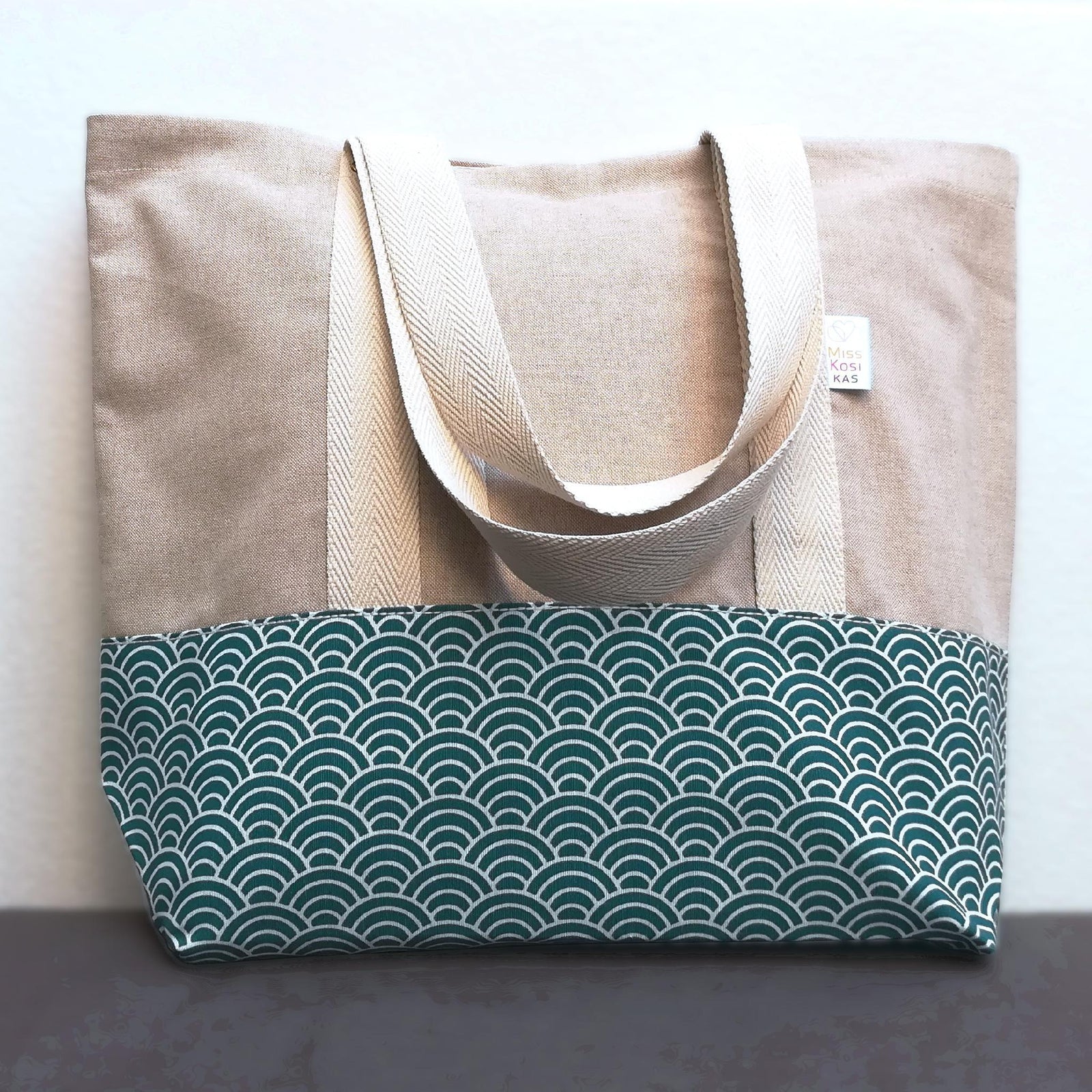 Bolso grande de algodón con motivo japonés seigaiha de ondas · foto 1 de 3